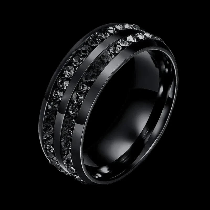 Black Stone Ring – Stainless Steel Double Row Band