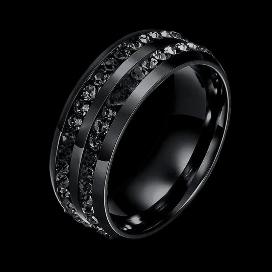 Black Stone Ring – Stainless Steel Double Row Band