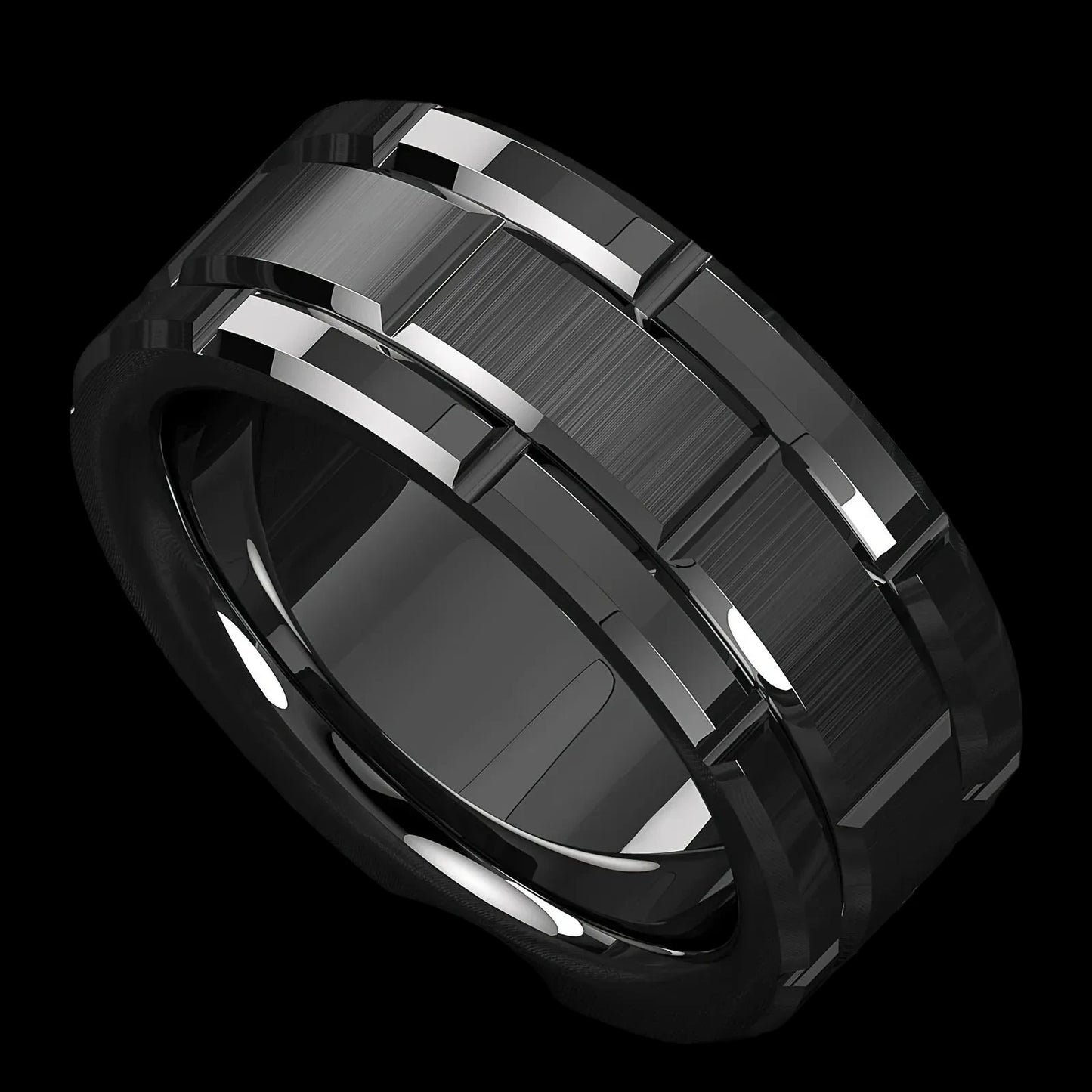 Brick Pattern Ring – Stainless Steel Double Groove Band