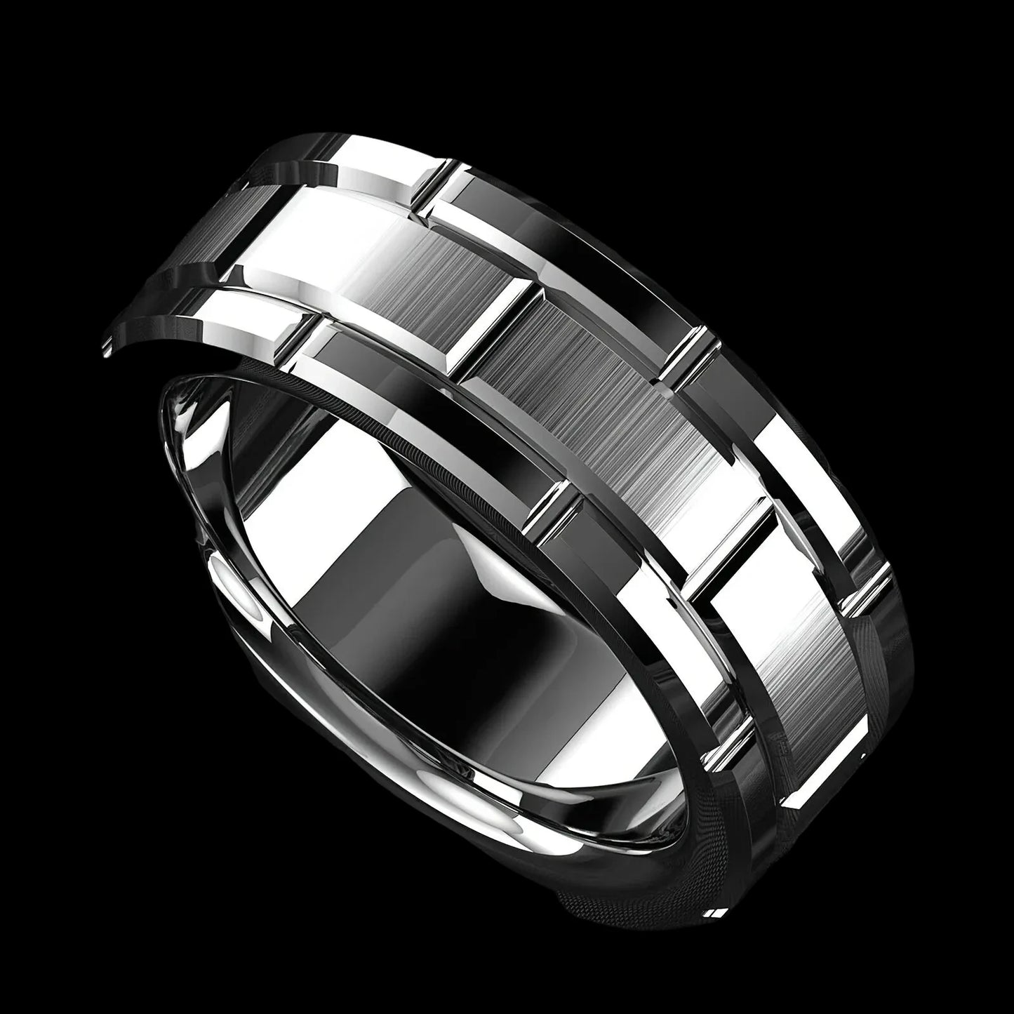 Brick Pattern Ring – Stainless Steel Double Groove Band