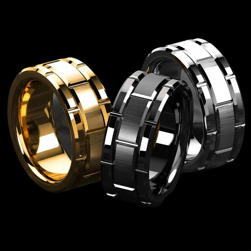 Brick Pattern Ring – Stainless Steel Double Groove Band
