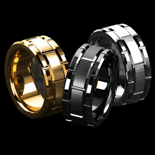 Brick Pattern Ring – Stainless Steel Double Groove Band